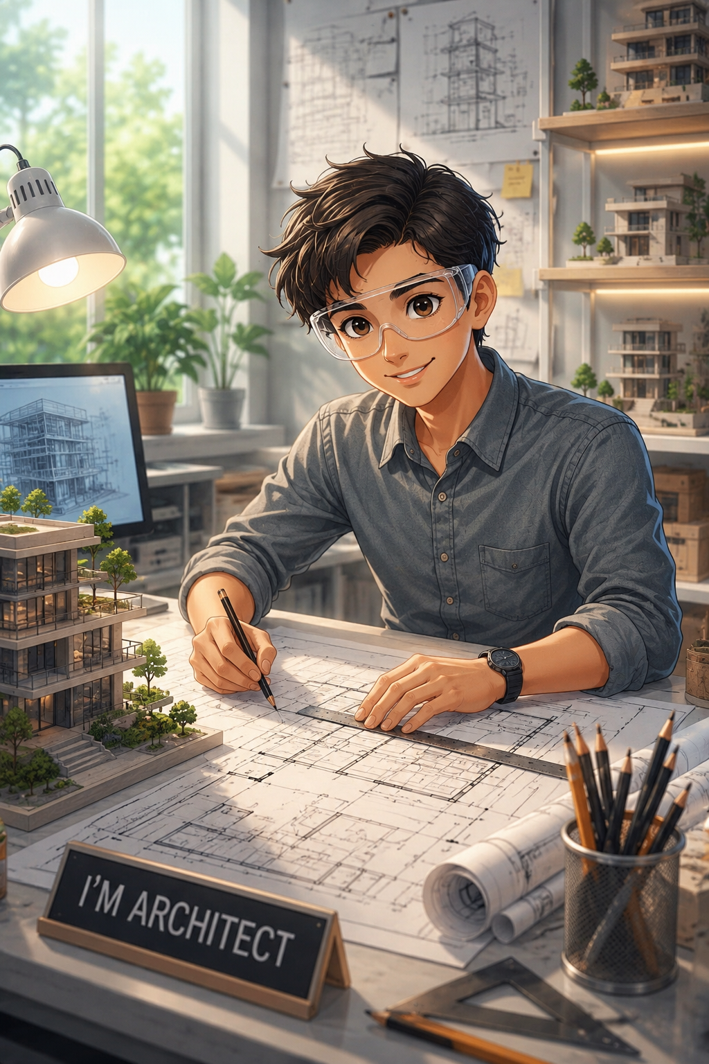 Young architect drafting blueprints at a desk with model buildings.
