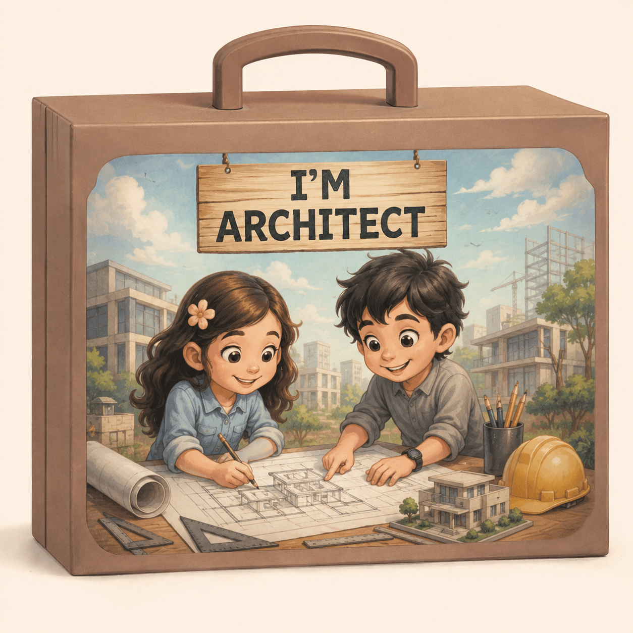 I Am An Architect kit box showing children designing buildings with blueprints.