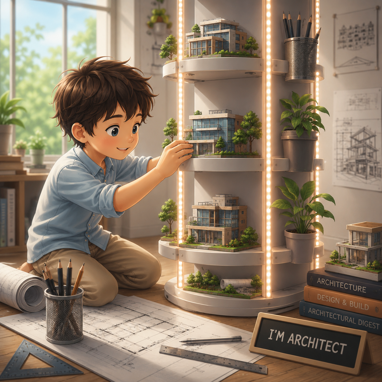 Child arranging a rotating tower of model houses.