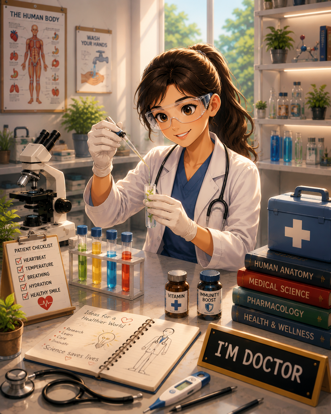 Young doctor studying samples under a microscope in a lab.