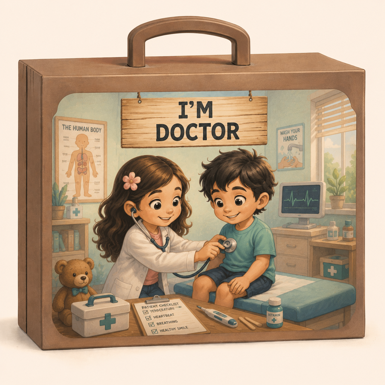 I Am A Doctor kit box showing a child using a stethoscope to examine a patient.