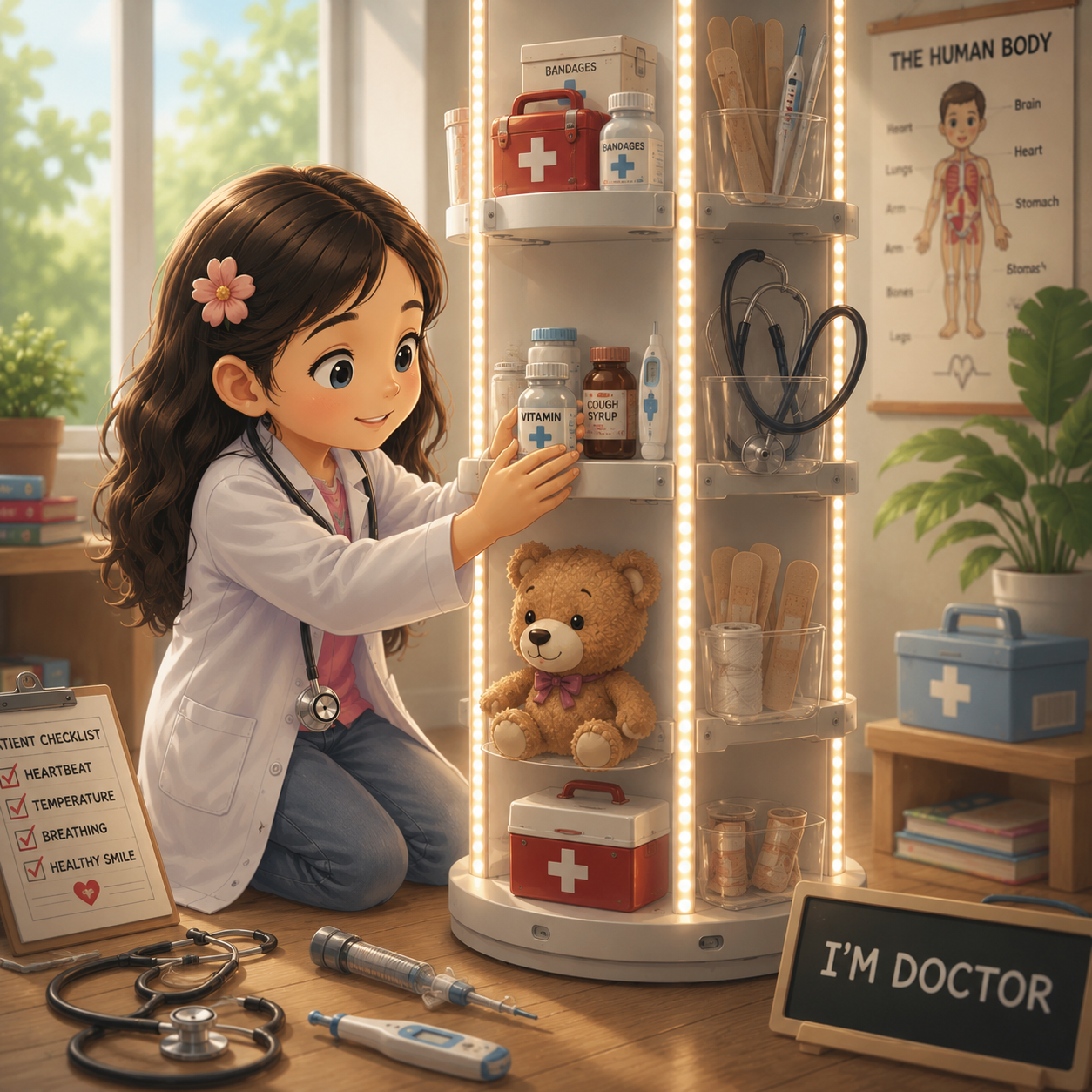 Child in a lab coat tending a clinic shelf of medical supplies.