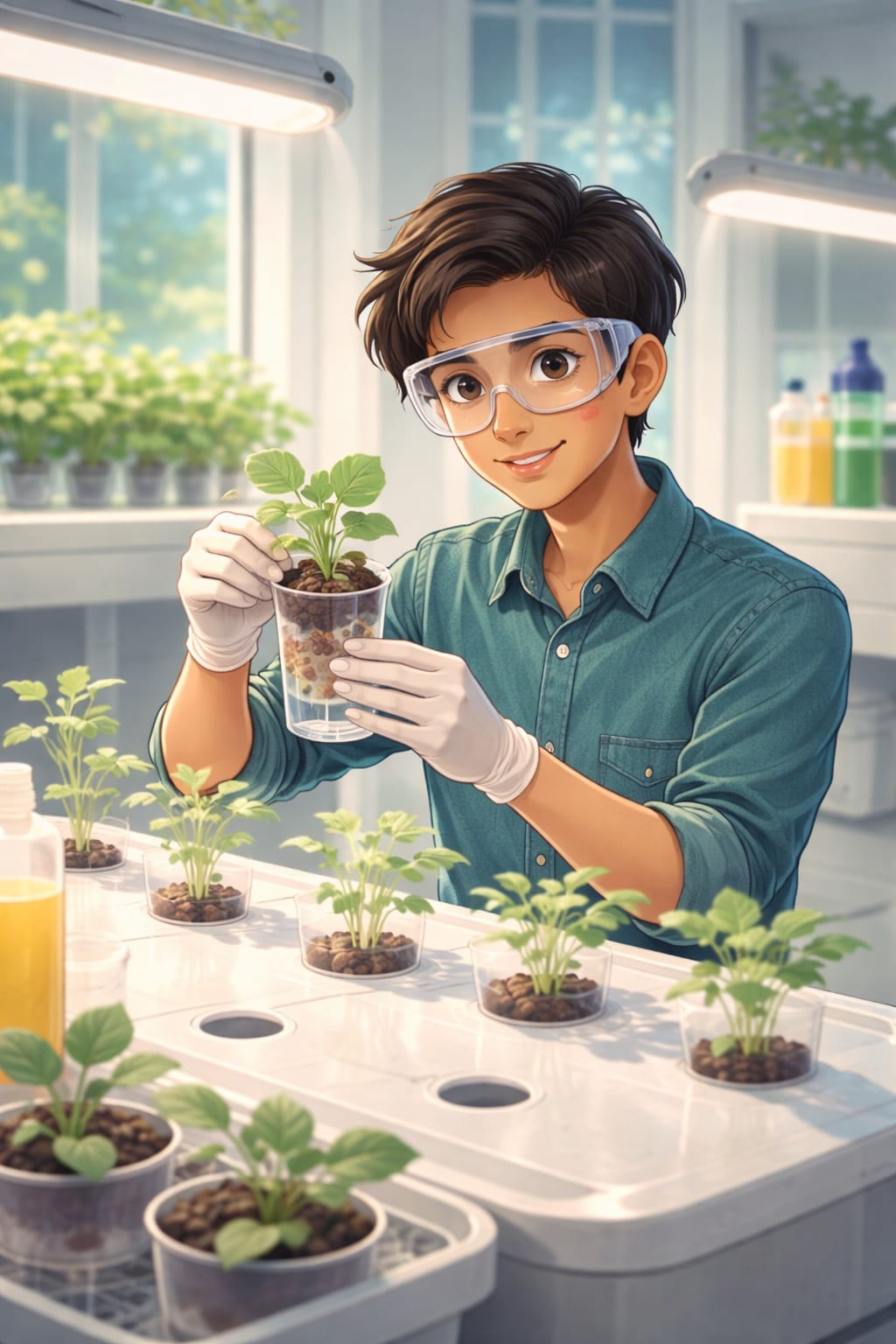 A teen inventor running an experiment in a lab.