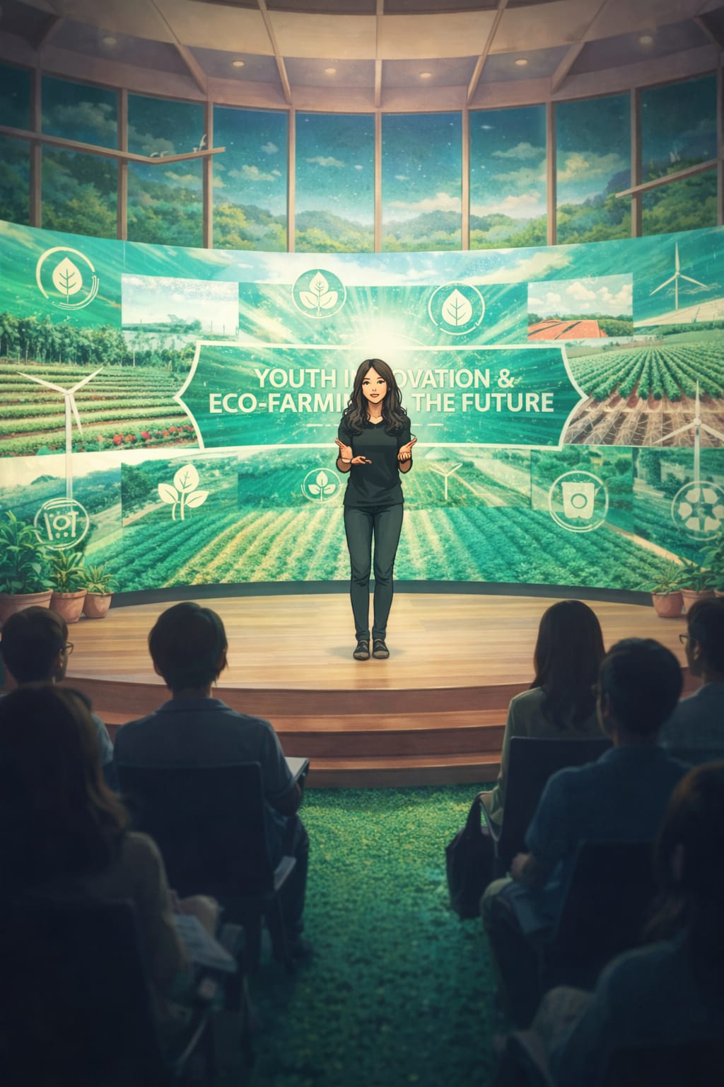 A young leader presenting on stage to peers.