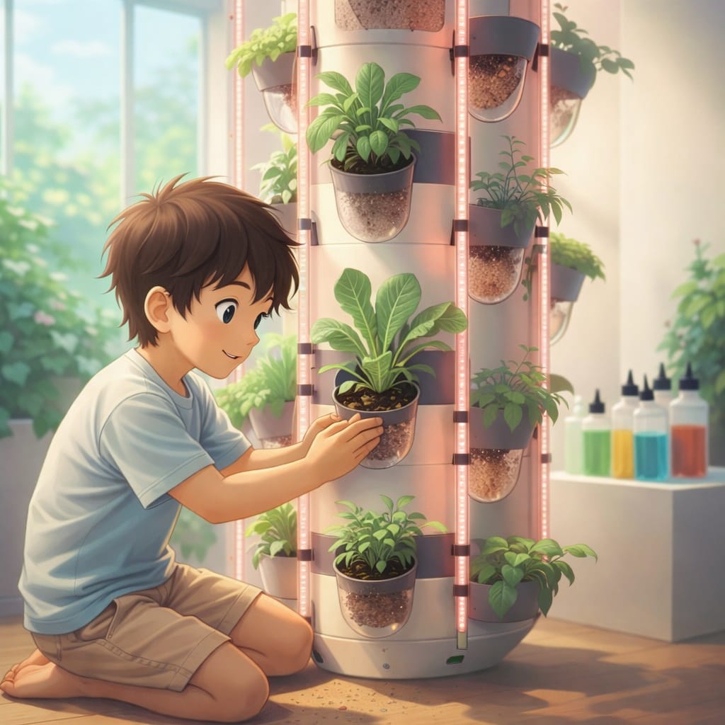 A child tending plants in a hydroponic tower from the Mini Makers profession kits.